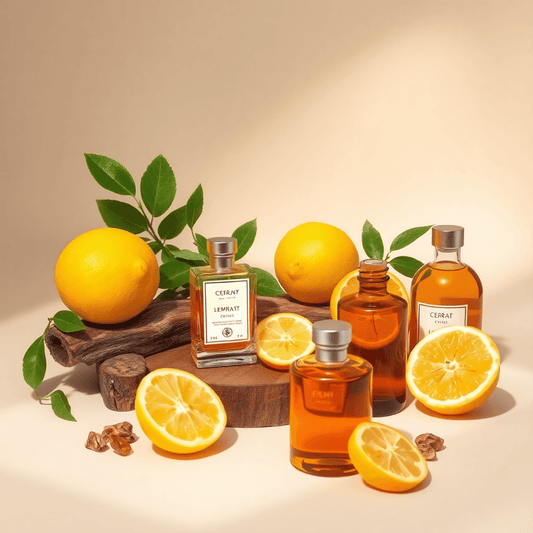 Taze limonlar ve cedratlarla doğal ahşap ve amber renkli cam şişelerin zarif düzenlemesi, yumuşak nötr arka plan üzerinde.