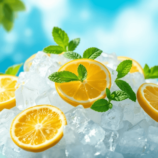 Taze nane yaprakları ve limon dilimleri, buz kristalleri ile birlikte canlı bir arka planda, fesleğen yaprakları ve yumuşak güneş ışığı ile vurgulanarak ferahla