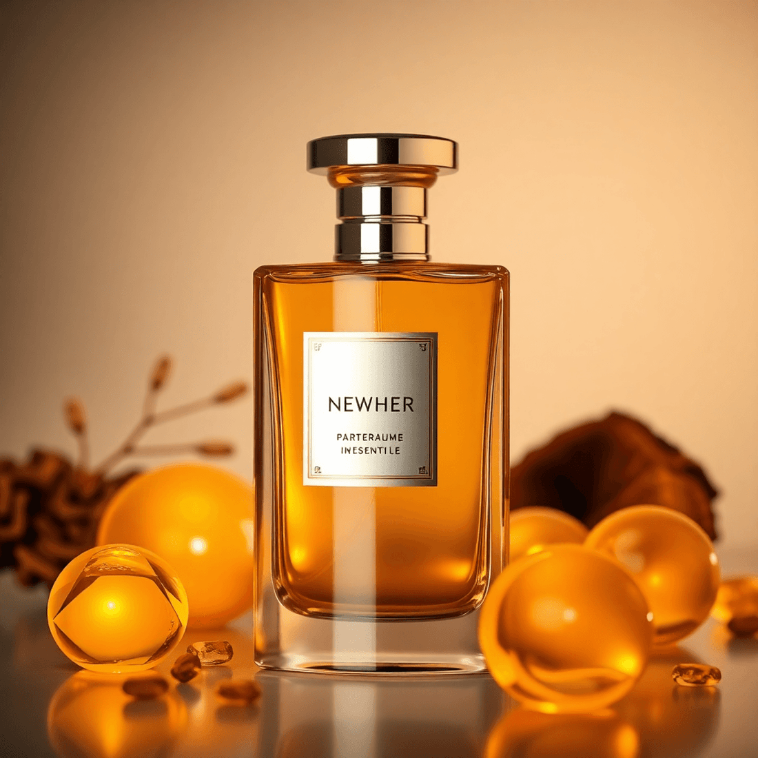 Şık, minimalist bir parfüm şişesi, temiz ve sofistike bir arka planda parlayan amber ve odunsu unsurlarla çevrilidir.