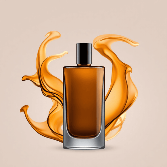 Şık bir parfüm şişesi, dönüşümü simgeleyen minimalist bir arka planda dönen amber ve odunsu soyut kokularla.